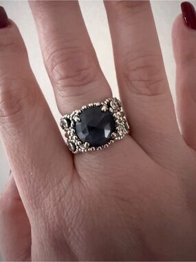 Pandora Stack Silver Ring with Dark Blue Center Stone + 2 silver bands - size 7